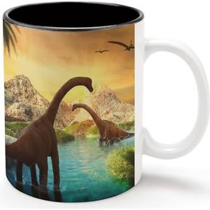 Prehistorische dinosaurussen gepersonaliseerde koffiemok koude dranken warme melk theekop zwarte voering keramiek beker met handvat cadeau voor vrouwen mannen 11oz