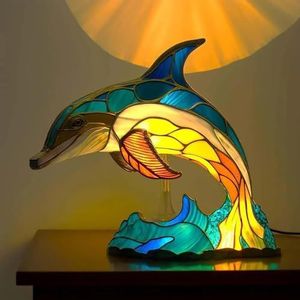 Serie dierentafellampen, 3D dierenlamp, tafellamp van gebrandschilderd glas in dierenvorm, vintage hars dierentafellampen, slaapkamerbeddecoratie tafellamp thuiskantoor decor m-4017 (Color : Dolphin