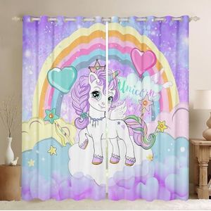 Homemissing Mooie Eenhoorn Gordijnen Leuke Regenboog Cartoon Gordijnen voor Slaapkamer Woonkamer Decor Galaxy Sterren Magische Raamgordijnen Microfiber Paars Raambehandelingen W66* L 90