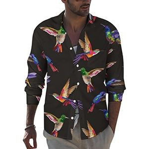 Gekleurde kolibrie heren revers shirt lange mouw button down print blouse zomer zak T-shirts tops L