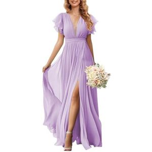 KURFACE Flutter mouw V-hals chiffon bruidsmeisjes jurken voor vrouwen met split ruches lange formele jurk avondjurk, Lila, 32