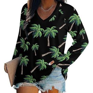 Tropische palmboom dames casual T-shirts met lange mouwen V-hals bedrukte grafische blouses T-shirt tops M