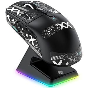 VGN GAMEPOWER Superlight X6 draadloze gamingmuis, oplaadstation, 49 g, ultralicht, gamingmuis, 26000 dpi, sensor PixArt 3395, 2,4 G/bedraad/Bluetooth, batterij 200 uur, Mouse Grip Tape, zwart