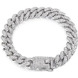 Luxe designer halsband armband bling diamant hond ketting Cubaanse gouden ketting voor Pitbull grote honden sieraden metaal materiaal (kleur: zilver, maat: EU38 = 24 cm)