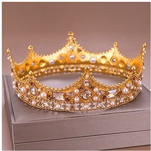 Strass Kroon Vintage goud koninklijke kroon ronde tiara bruid hoofd sieraden parel kristal haar accessoires bruiloft kroon ornamenten hoofdband diadeem Koningin Kroon (Style : Gold-color)