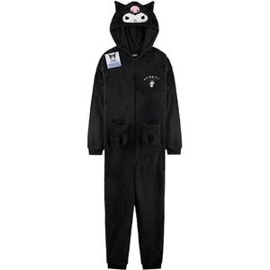 Hello Kitty Sanrio pyjama voor meisjes en jongeren, met capuchon, eendelig, fleece, nachtkleding, anime-geschenken, Kuromi-zwart, 7-8 Jaren
