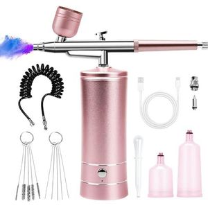 Airbrush-set, airbrush-set, draadloos, airbrush met oplaadbare USB-compressor, airbrush-set met compressor, voor modelschilderen, make-up, kappers, taartdecoratie, roze
