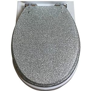 Toiletbrilhoes van hars, sprankelende toiletbril Glittertoiletbril Slow Close Toiletbril Rond, boven/onder vast, snelsluiting Langwerpige toiletbrillen van hars, 14,2""×16,53"",Goud(Size:Silver)
