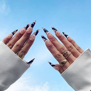 24 stuks bloemen stiletto nepnagels lange, groene Franse patronen, mooie amandel voor vrouwen, acryl extra lange kunstnagels lang voor nail art zwart en wolk 1