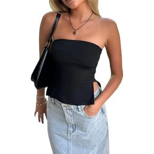 CheJooe Vrouwen Tube Top Y2k Bloem Strapless Backless Bandeau Crop Top Cut Esthetische Zomer Uitgaan Outfits Streetwear Herfst, A-zwart, S