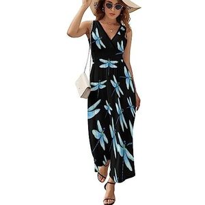 Blauwe Dragonfly Maxi-jurk voor Vrouwen Mouwloze Lange Zomerjurken Strandjurken A-lijn XL