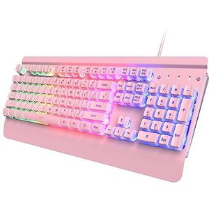 Dacoity Roze gaming toetsenbord met 104 toetsen, volledig metaal, stil, regenboog-led-achtergrondverlichting, polssteun, PBT-toetsen, multimedia-toetsen, bekabeld USB-toetsenbord