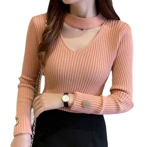 Dames V-hals Trui, Y2K Slim Fit Lange Mouw Gebreide Trui for Uitgaan Tops(Pink,XXX-Large)