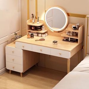 Kaptafel,Make-up Kaptafel Met 6 Laden En Spiegel Met Verstelbare Helderheid,veel Opbergruimte,open Plank,Landelijk Rustiek(Oak color)