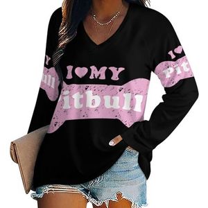 I Love My Pitbull Dog Damesshirt met V-hals en lange mouwen, casual losse pasvorm blouses