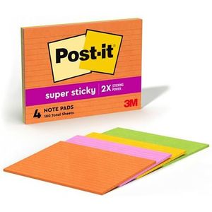 Post-it Super zelfklevende notities, 20,3 x 15,2 cm, 4 blokken, 2 x hechtkracht, Energy Boost collectie, heldere kleuren, recyclebaar (6845-SSP)