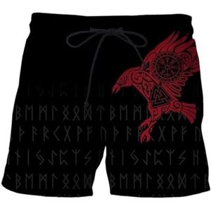 Celtic Odin's Crow Track Shorts, Nordic Viking 3D Vegvisir Digitaal Bedrukte Zomer Ademende Mesh Trekkoord Shorts, Stijlvolle Harajuku Losse Shorts (Color : Crow C, Size : L)