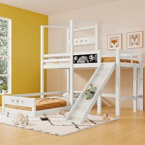 Moimhear Kinderbed, stapelbed met bord en glijbaan, hoogslaper met ladder, 90 x 200 cm, eenpersoonsbed met valbeveiliging, houten bed voor kinderen, 2 x lattenbodem, wit