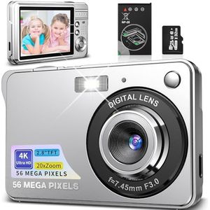 4K digitale camera 56MP fotocamera met autofocus 20X digitale zoom draagbare compacte camera met 32 GB SD-kaart voor kinderen tieners beginners cadeau (zilver)