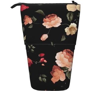 Nbtghga Bloemen (2) Print Potlood Telescopische Klassieke Kunsten Stand Up Etui Organizer Potlood Houder Make-up Tas Gift, Zwart, Eén maat