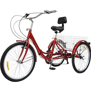 Driewieler voor volwassenen, 24 inch, opvouwbare fiets, driewieler voor volwassenen, senioren, vrouwen, mannen, vrachtfiets, 3-wieler met boodschappenmand (rood)