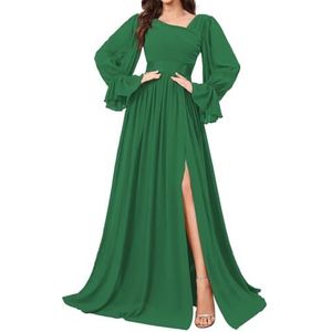 HPPEE Bruidsmeisjesjurken met lange mouwen en split geplooide chiffon formele avondjurk feestjurk, Emerald Groen, 32