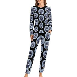Wolf Schilderij Zachte Dames Pyjama Lange Mouw Warm Fit Pyjama Loungewear Sets met Zakken XL