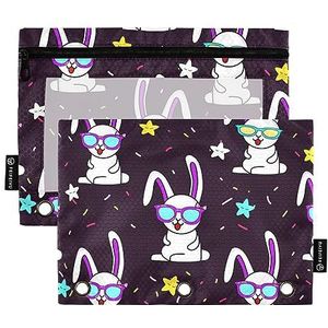 GAIREG Schattig konijntje met bril Binder Pouch 3 Ring Binder Potlood Pouch met Rits Potlood Case met Gaten voor Binder 2 Pack