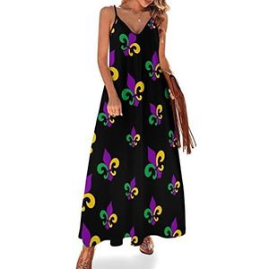 Mardi Gras Fleur Maxi-jurk voor dames, V-hals, casual, mouwloos, verstelbare bandjes, sexy lange jurk