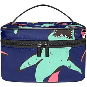 Verschrikkelijke groene gele roze haaien make-up organizer tas, reizen make-up tas organizer case draagbare cosmetische tas voor vrouwen en meisjes toiletartikelen, Meerkleurig, 22.5x15x13.8cm/8.9x5.9x5.4in