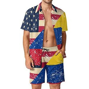 Amerikaanse en Columbia Retro vlag mannen Hawaiiaanse bijpassende set 2-delige outfits button down shirts en shorts voor strandvakantie