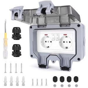 NVIYAM Buitenstopcontact, opbouw, IP66 waterdicht, stopcontact met schakelaar, controlelampje, 2-voudig, outdoor 16 A, tuinstopcontact met klapdeksel, opbouw voor vochtige ruimtes, buiten