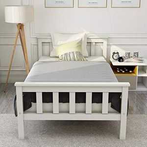 Idemon Houten eenpersoonsbed van bedframe met lattenbodem houten bed met hoofdeinde - 90 x 200 cm massief hout kinderbed jeugdbed grenen massief wit