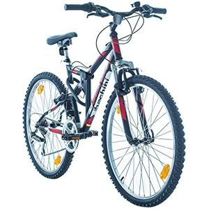 Multibrand Probike Extreme Mountainbike, 26 inch, volledige vering, 18 versnellingen, herenfiets en damesfiets, geschikt vanaf 155 - 180 cm (mat zwart)