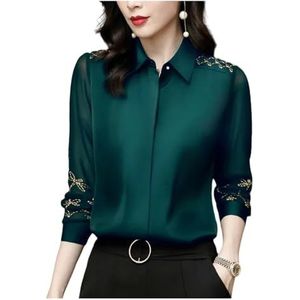 BPVCMHOS Shirts women Women Spring Autumn Style Chiffon Blouses Shirts Lady Long Sleeve Turn-Down Collar Decor Tops-Green-L