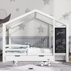 Kinderbed huisbed 90 x 200 cm, houten bed met bord en 2 laden, massief hout met omheining en lattenbodem, wit (zonder matras)