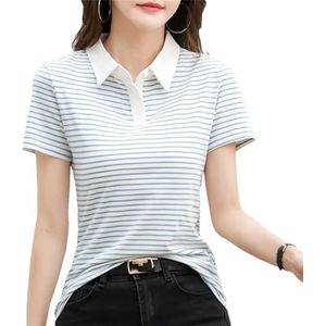 Dvbfufv Vrouwen Zomer Mode Koreaanse Korte Mouw Polos Shirt Vrouwen Elegante Katoen Stretch Gestreept T-Shirt Tops, Blauw, S