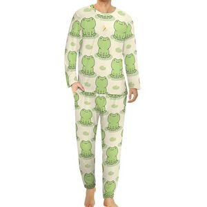 Leuke Kikker Comfortabele Heren Pyjama Set Ronde Hals Lange Mouw Loungewear met Zakken 4XL