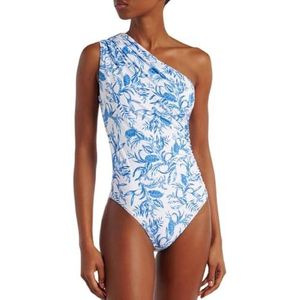 HFYRBDKSPI Dames One Piece Badpak One Shoulder Retro Bloemenprint Buikcontrole Badpak met Strand Wikkelrok,Blauw,L