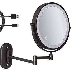 8 ''Wandmontage Make-up Spiegel Zwart USB Oplaadbaar Dubbelzijdig met 3 Tonen LED Verlichting, 1x/7x Vergroottende Badkamer Spiegel voor Scheren Uitschuifbare Arm Touch Control1X/7X