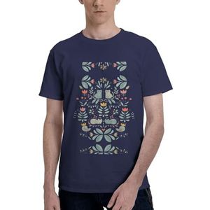 CKGODGF Grappige katten vogels en bloemen print heren katoenen T-shirt, casual en comfortabel korte mouw, geschikt voor fitness en dagelijks gebruik, Donkerblauw, S