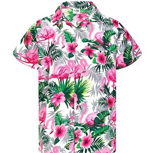 King Kameha Hawaïaans shirt voor heren, funky flamingo's, bloemen, korte mouwen, zomervibes, wit-roze, XS, XS