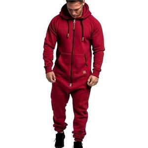 EflAl Onesie voor heren, jumpsuit met capuchon, extra groot, overall, eendelig pak, met ritssluiting, casual, effen gekleurd, eendelig joggingpak, nachtkleding, kleur rood, maat 4XL, 4XL