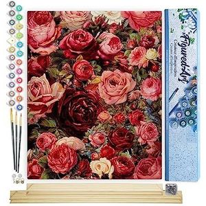 Figured'Art Schilderen op Nummer Volwassenen canvas Romantische rode rozen - Handwerk acrylverf Kit DIY Compleet - 40x50cm met DIY houten lijst