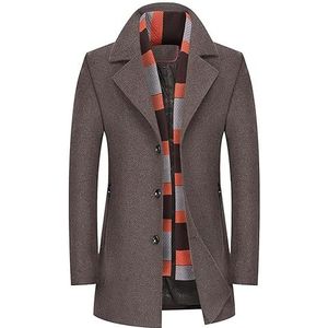 Trenchcoat In Wol Mix voor Mannen Single Breasted Mid-Long Peacoat Met Afneembare Sjaal Gewatteerde Gevoerde Winterjas (Kleur: Koffie, Maat : Men-S)