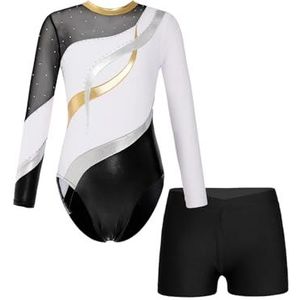 MZSKLW Gymnastiekshirt voor kinderen, meisjes, lange mouwen, gymnastiekshirt met glanzende strass-steentjes en shorts, danskledingsets voor danswedstrijd, skating-body, turnpak, gymnastiek (wit, 10)