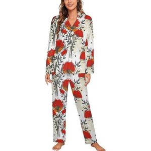 Rode klaprozen pyjama met lange mouwen voor vrouwen, klassieke nachtkleding, nachtkleding, zachte pyjama's, loungesets