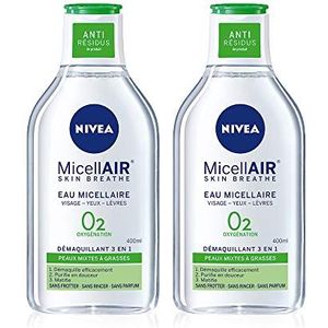 NIVEA Micellair Skin Breathe Micellair water unisex huid (2 x 400 ml), 3-in-1 make-up remover zonder parfum of kleurstoffen, gezichtsreiniger, ogen en lippen
