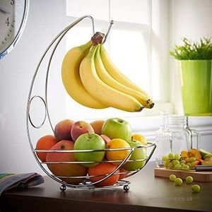 Garden Mile® 2 in 1 keuken opslag fruitschaal & banaan hanger chroom metalen afwerking moderne fruitmand duurzaam houdt fruit vers gebogen arm middenstuk voor uw keuken
