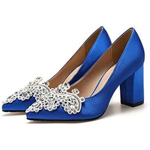 TABKER Sandalen met hak dames pumps hoge hakken schoen bruiloft bruid steentjes elegante dames dikke hak pomp lente schoenen (kleur: blauw, maat: 7,5 UK)